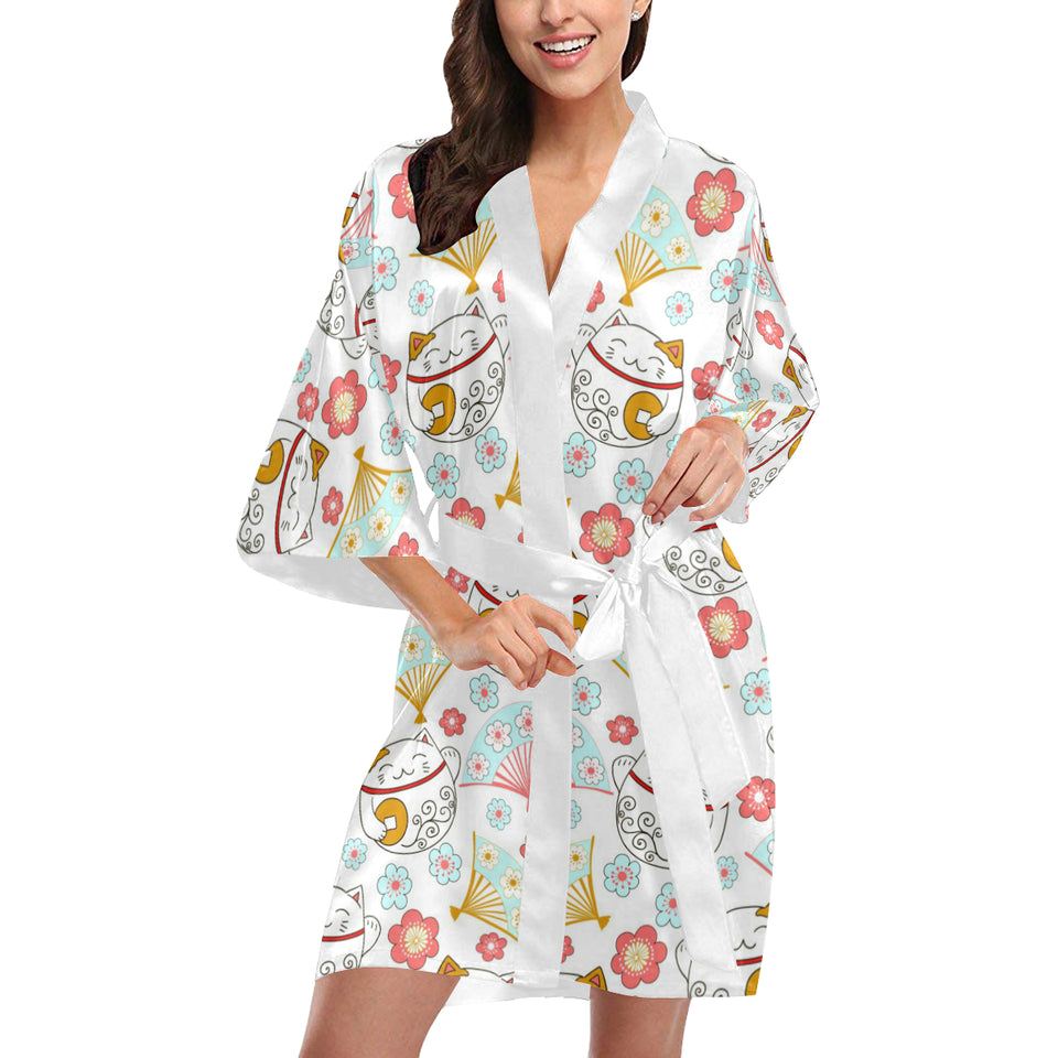 Maneki neko cat fan sakura Women's Short Kimono Robe