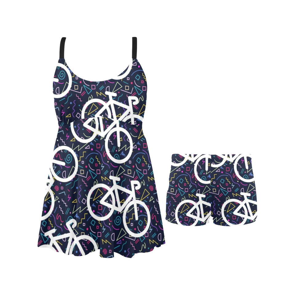 Bicycle Pattern Print Design 03 Chest Sexy Pleated Two Piece Swim Dress