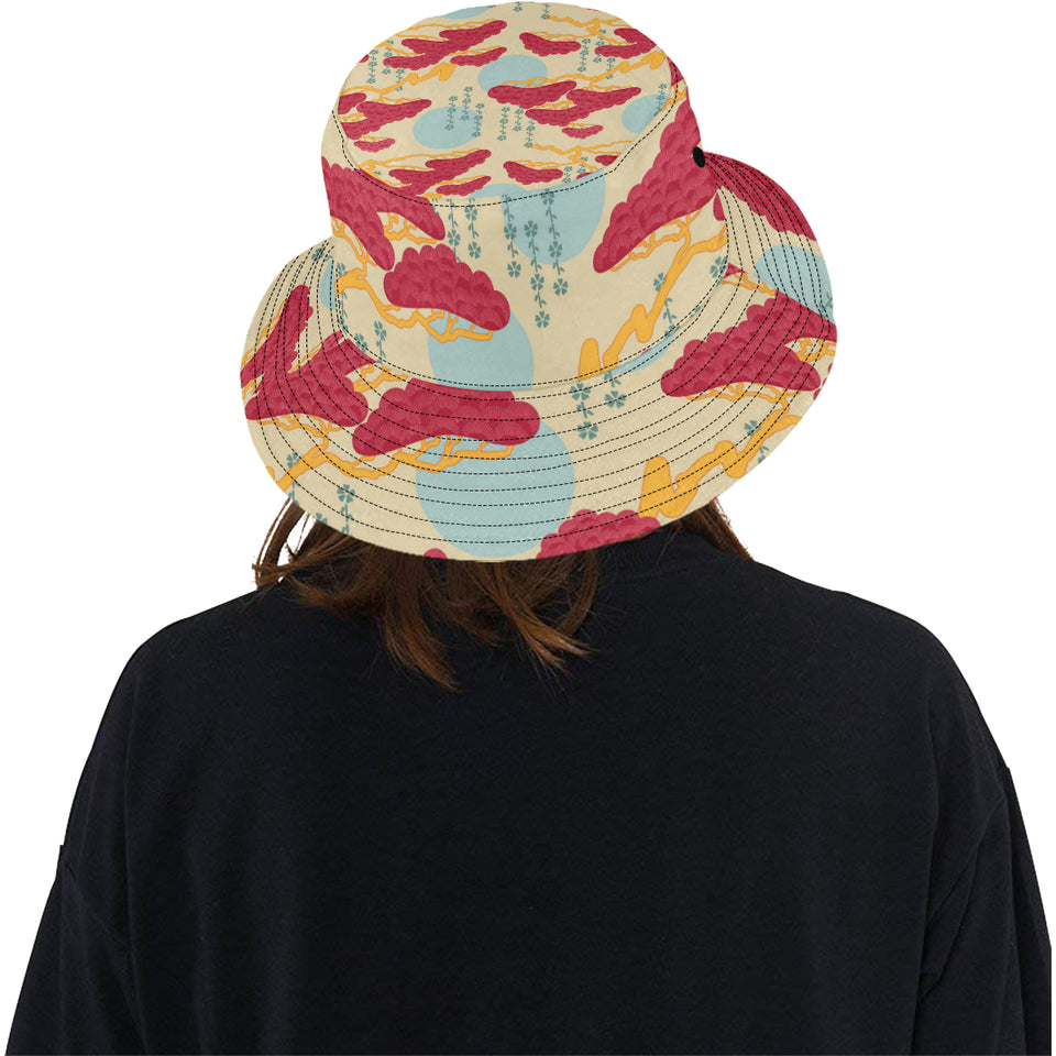 Red Bonsai gray sun japanese pattern Unisex Bucket Hat