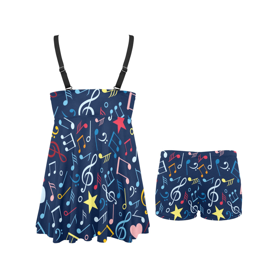 Music Notes Pattern Print Design 03 Chest Sexy Pleated Two Piece Swim Dress