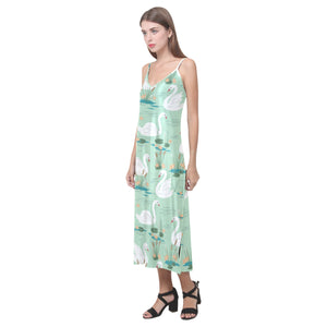 White swan lake pattern V-Neck Open Fork Long Dress