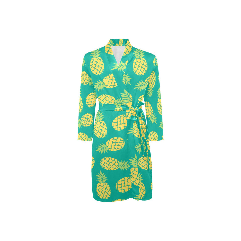 Pineapples pattern green background Men's Long Sleeve Belted Night Robe