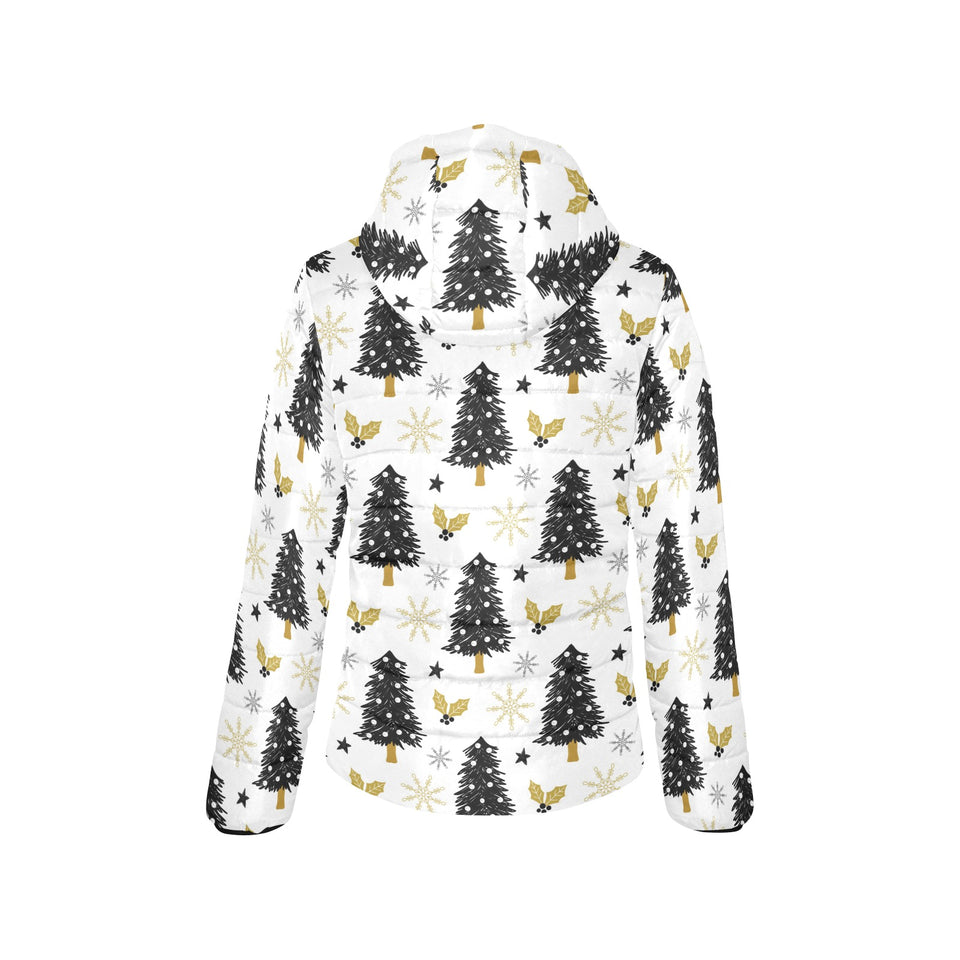 Christmas tree holly snow star pattern Women's Padded Hooded Jacket