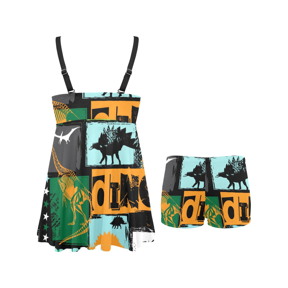 dinosaurs print pattern Chest Sexy Pleated Two Piece Swim Dress