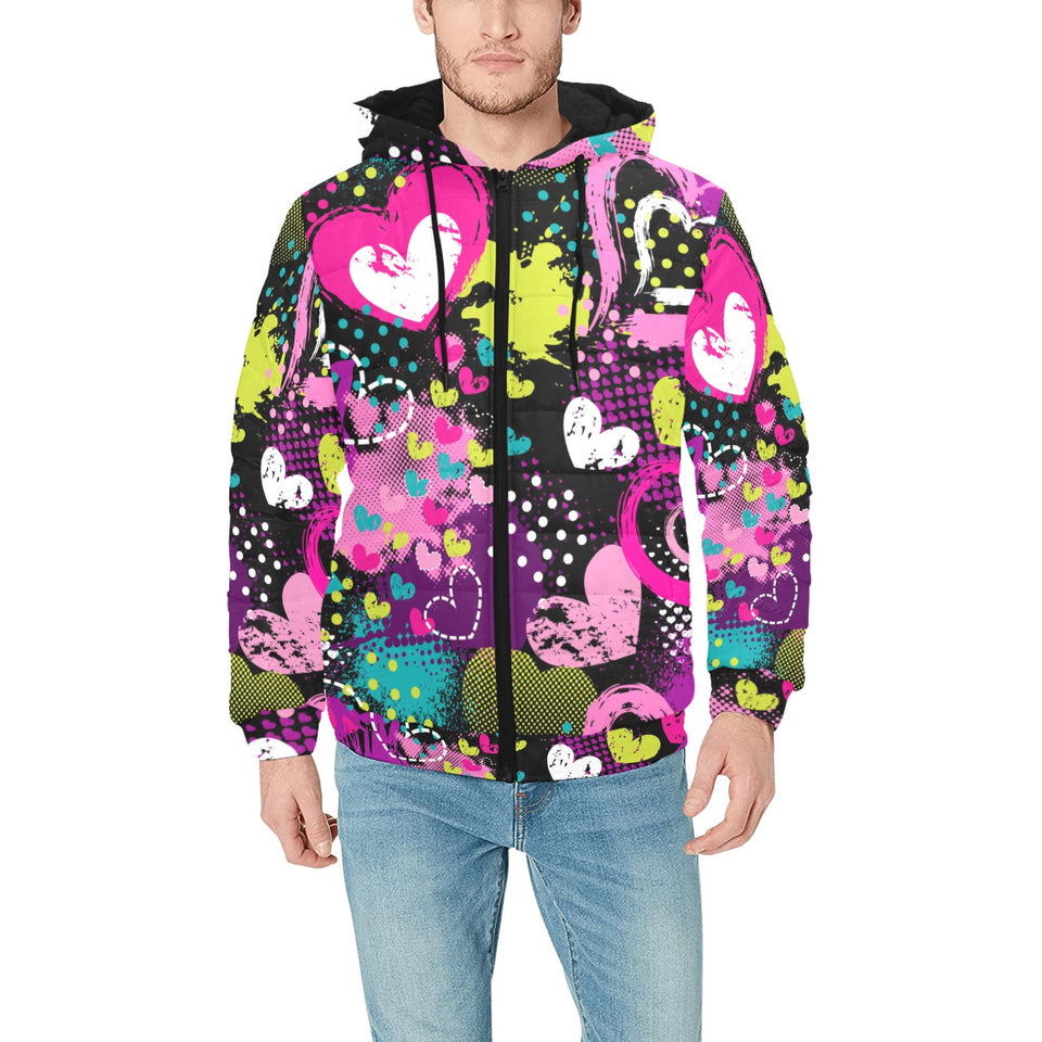 heart dot wave star creative design pattern Men's Padded Hooded Jacket