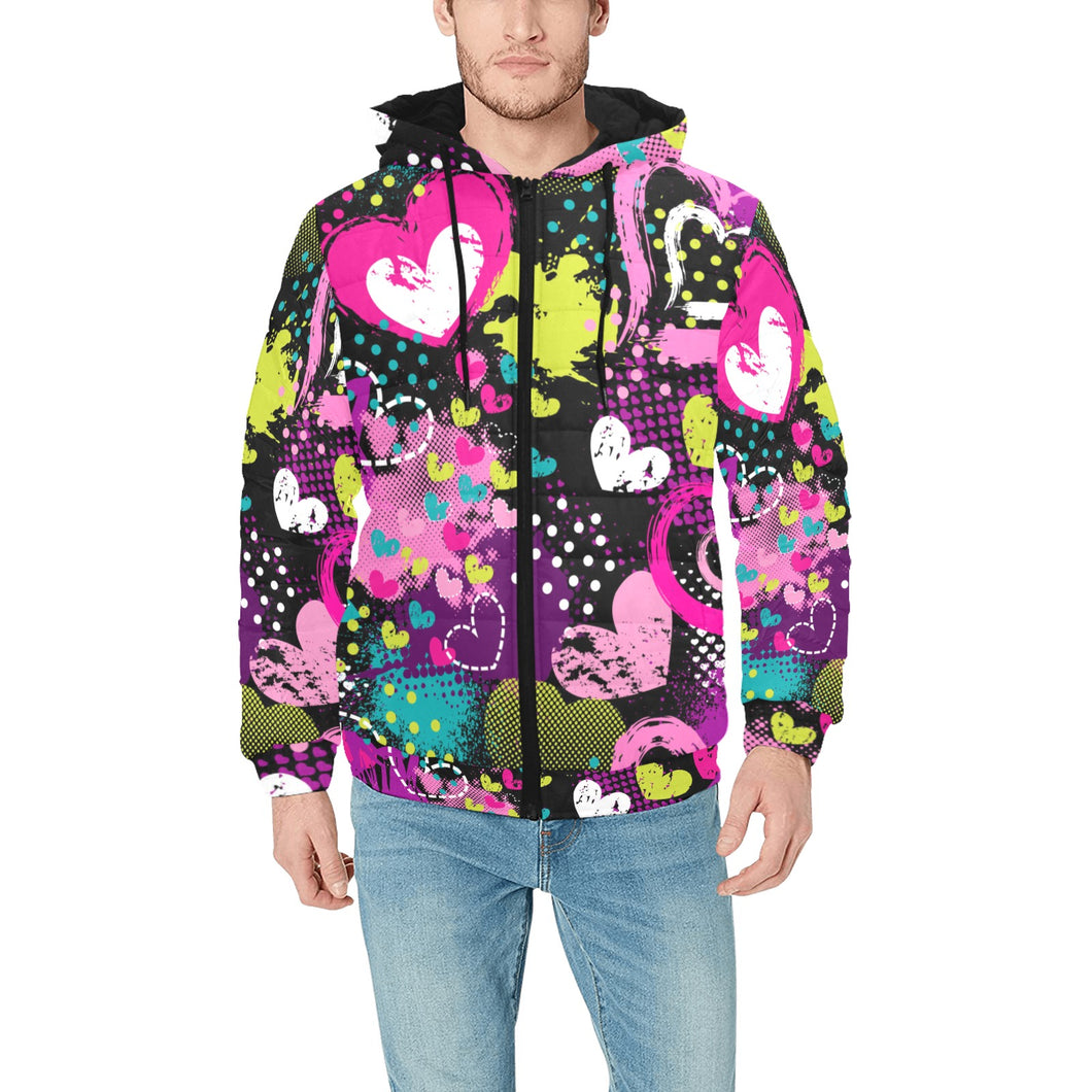 heart dot wave star creative design pattern Men's Padded Hooded Jacket