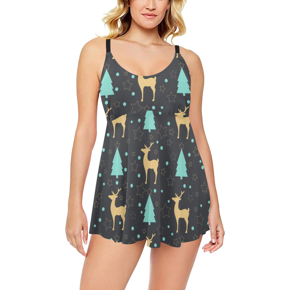 Deers star tree pattern Chest Sexy Pleated Two Piece Swim Dress