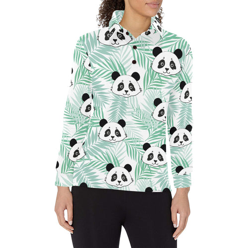 Panda pattern tropical leaves background Women's Long Sleeve Polo Shirt