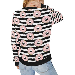 Donuts pink icing striped pattern Women's Crew Neck Sweatshirt