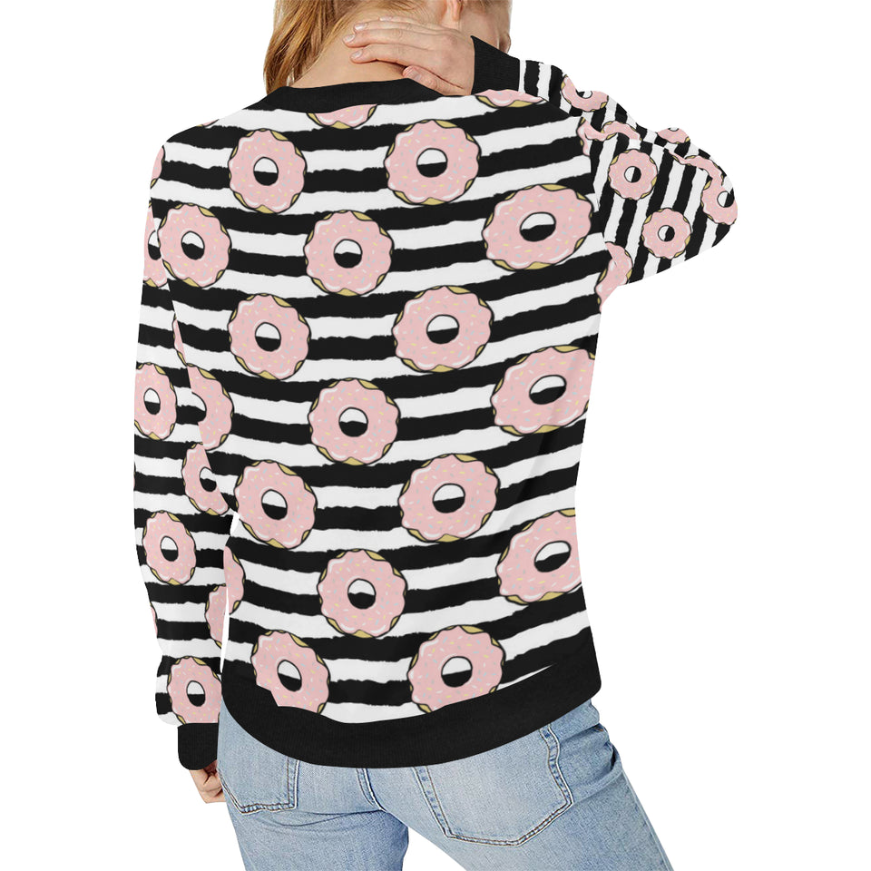 Donuts pink icing striped pattern Women's Crew Neck Sweatshirt