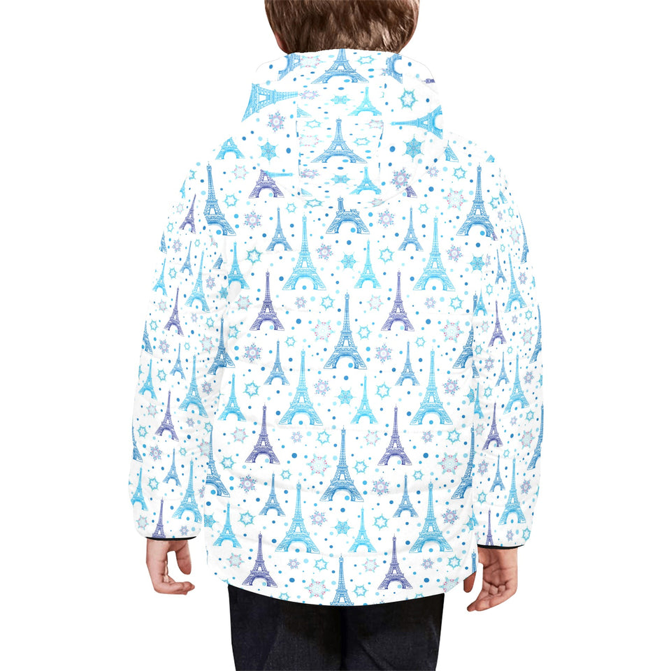 Blue Eiffel Tower Theme Pattern Print Design 01 Kids' Boys' Girls' Padded Hooded Jacket
