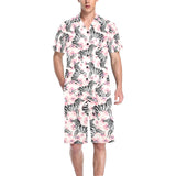Zebra pink flower background Men's V-Neck Short Pajama Set