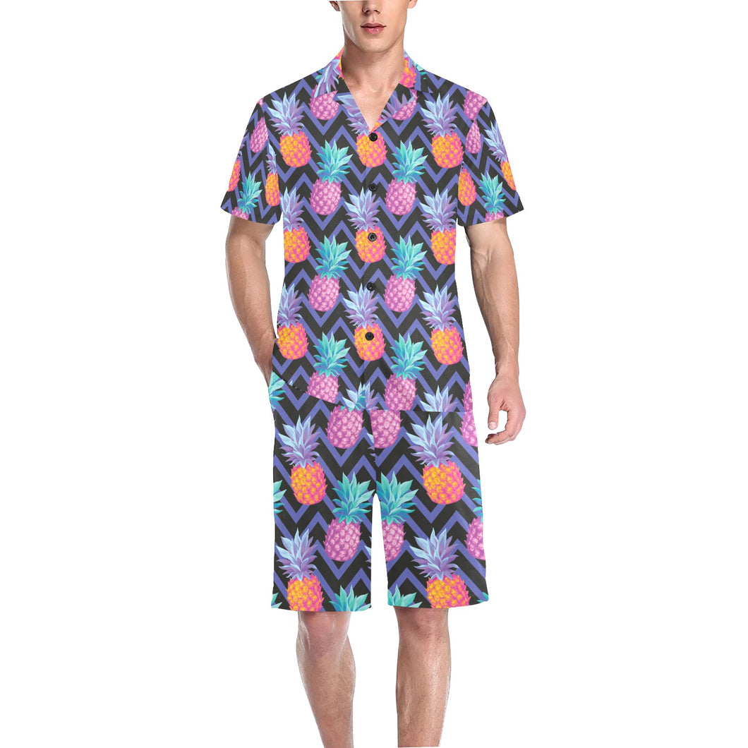 Pineapples pattern zigzag background Men's V-Neck Short Pajama Set