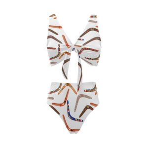 Boomerang Australian aboriginal ornament pattern Chest Bowknot High Waisted Bikini Swimsuit