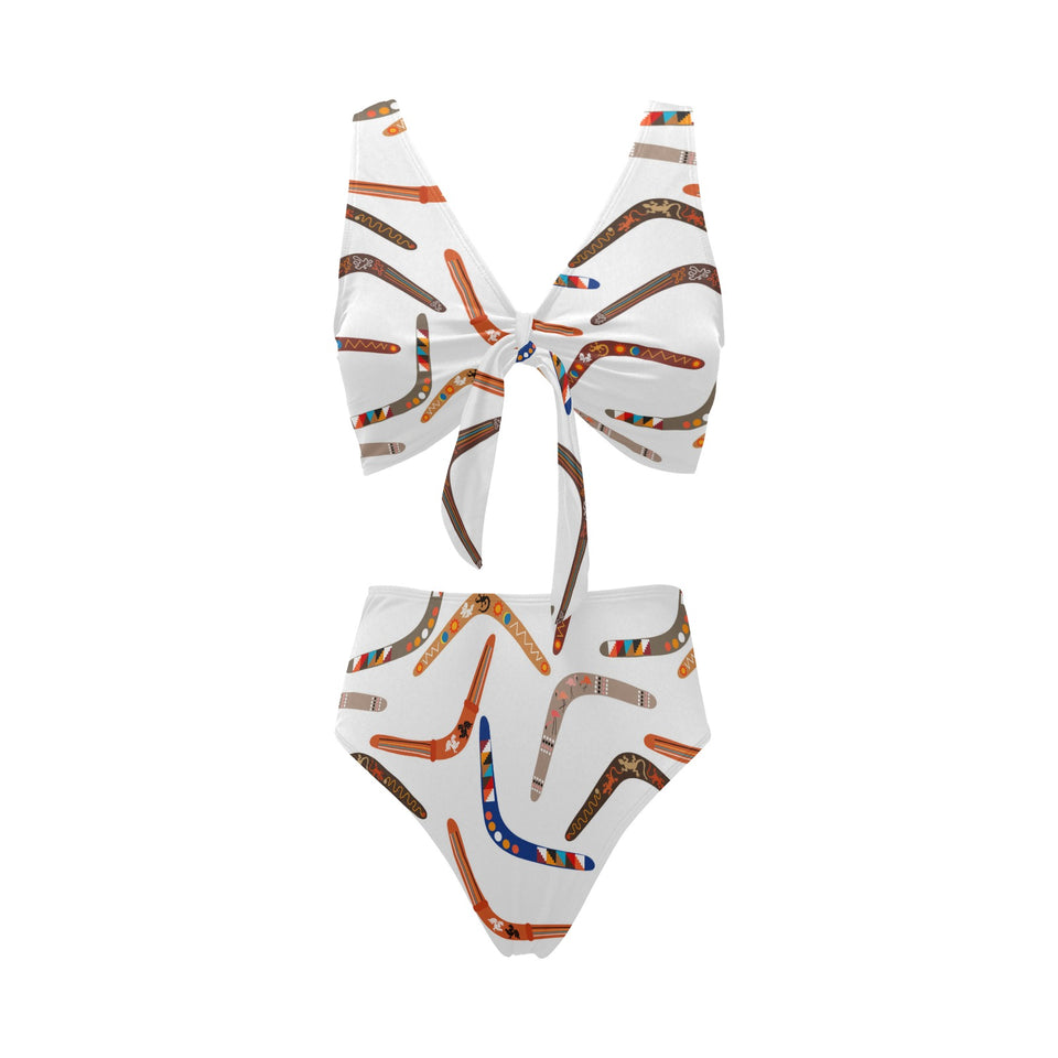 Boomerang Australian aboriginal ornament pattern Chest Bowknot High Waisted Bikini Swimsuit