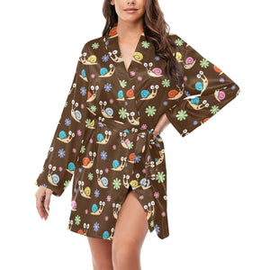 Snail Pattern Print Design 03 Women's Long Sleeve Belted Night Robe