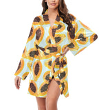 Watercolor papaya pattern Women's Long Sleeve Belted Night Robe