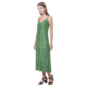 Crocodile Skin Printed V-Neck Open Fork Long Dress