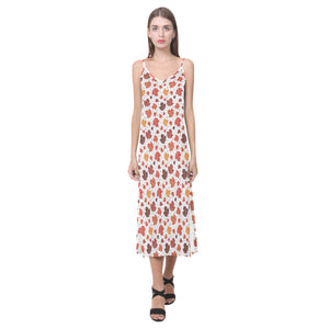 Colorful Maple Leaf pattern V-Neck Open Fork Long Dress