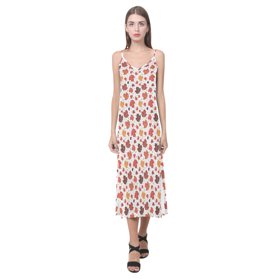 Colorful Maple Leaf pattern V-Neck Open Fork Long Dress