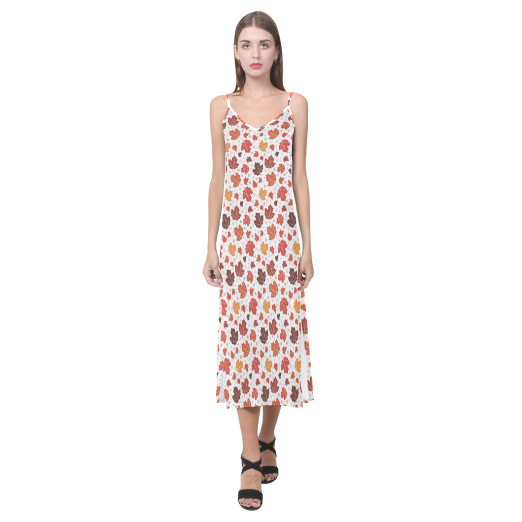 Colorful Maple Leaf pattern V-Neck Open Fork Long Dress