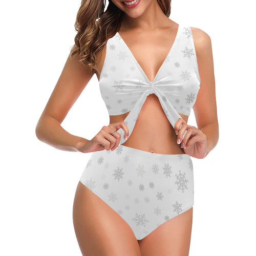Snowflake pattern white background Chest Bowknot High Waisted Bikini Swimsuit