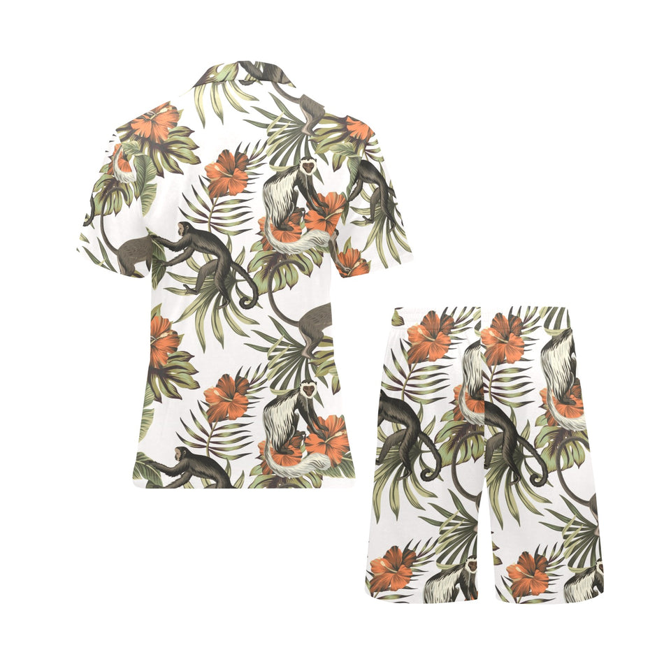 Monkey red hibiscus flower palm leaves floral patt Men's V-Neck Short Pajama Set