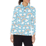 Cute rainbow clound star pattern blue background Women's Long Sleeve Polo Shirt