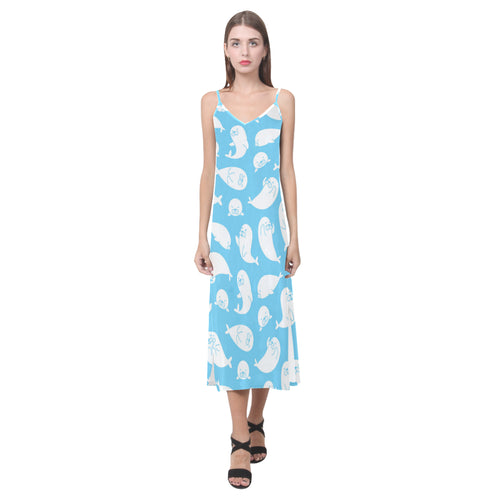 Cute white sea lion seals pattern V-Neck Open Fork Long Dress