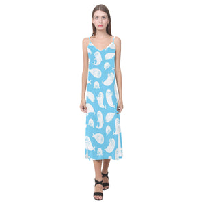 Cute white sea lion seals pattern V-Neck Open Fork Long Dress
