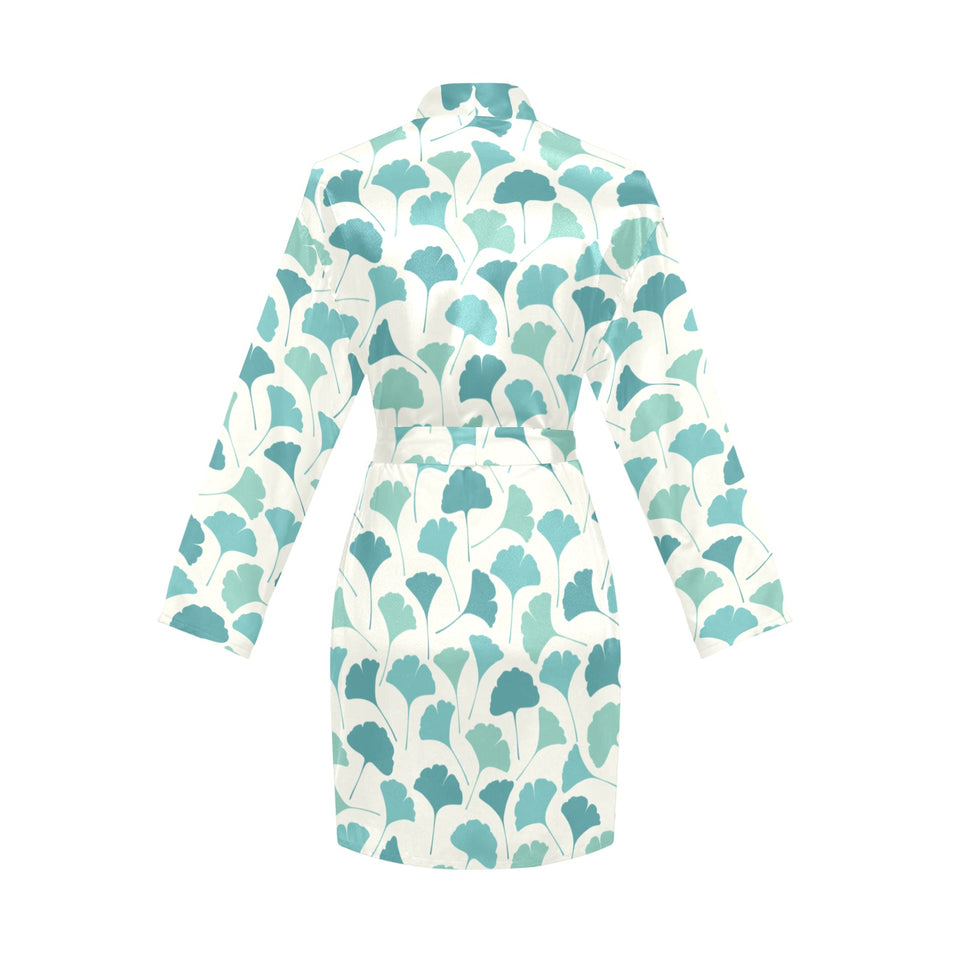 Green ginkgo leaves pattern Women's Long Sleeve Belted Night Robe