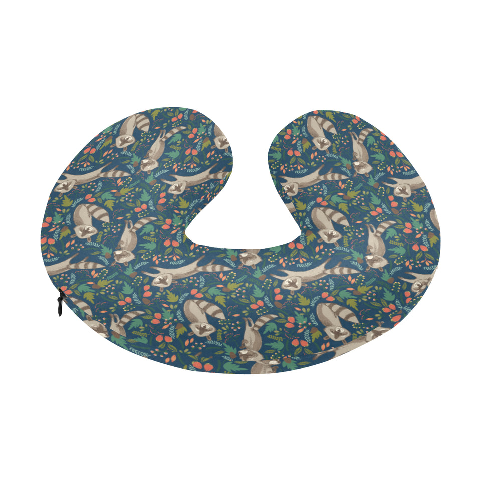 Raccoon tropical leaves pattern U-Shaped Travel Neck Pillow