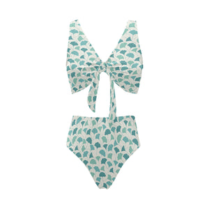 Green ginkgo leaves pattern Chest Bowknot High Waisted Bikini Swimsuit