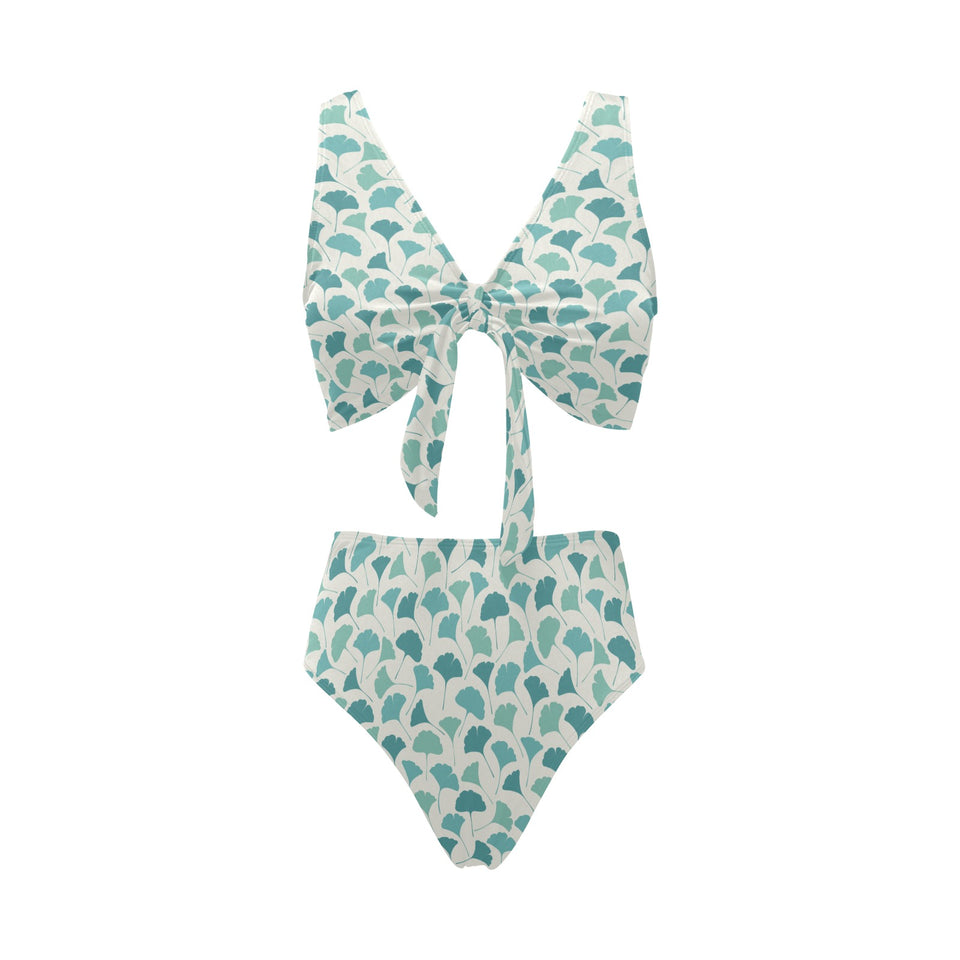Green ginkgo leaves pattern Chest Bowknot High Waisted Bikini Swimsuit