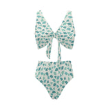 Green ginkgo leaves pattern Chest Bowknot High Waisted Bikini Swimsuit