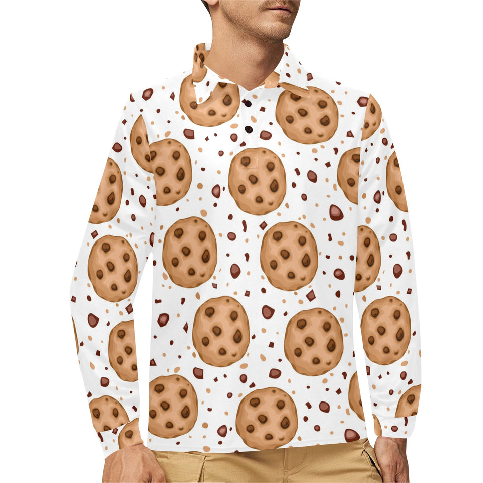 chocolate chip cookie pattern Men's Long Sleeve Polo Shirt