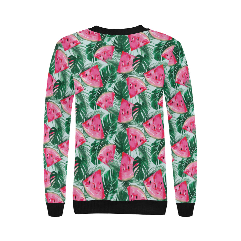 Watermelons tropical palm leaves pattern Women's Crew Neck Sweatshirt