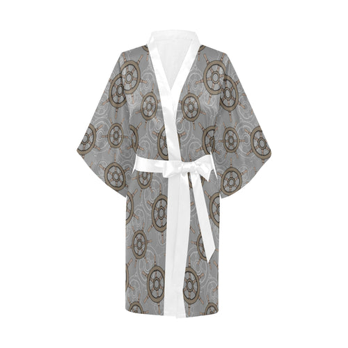 nautical wood steering wheel pattern Women's Short Kimono Robe