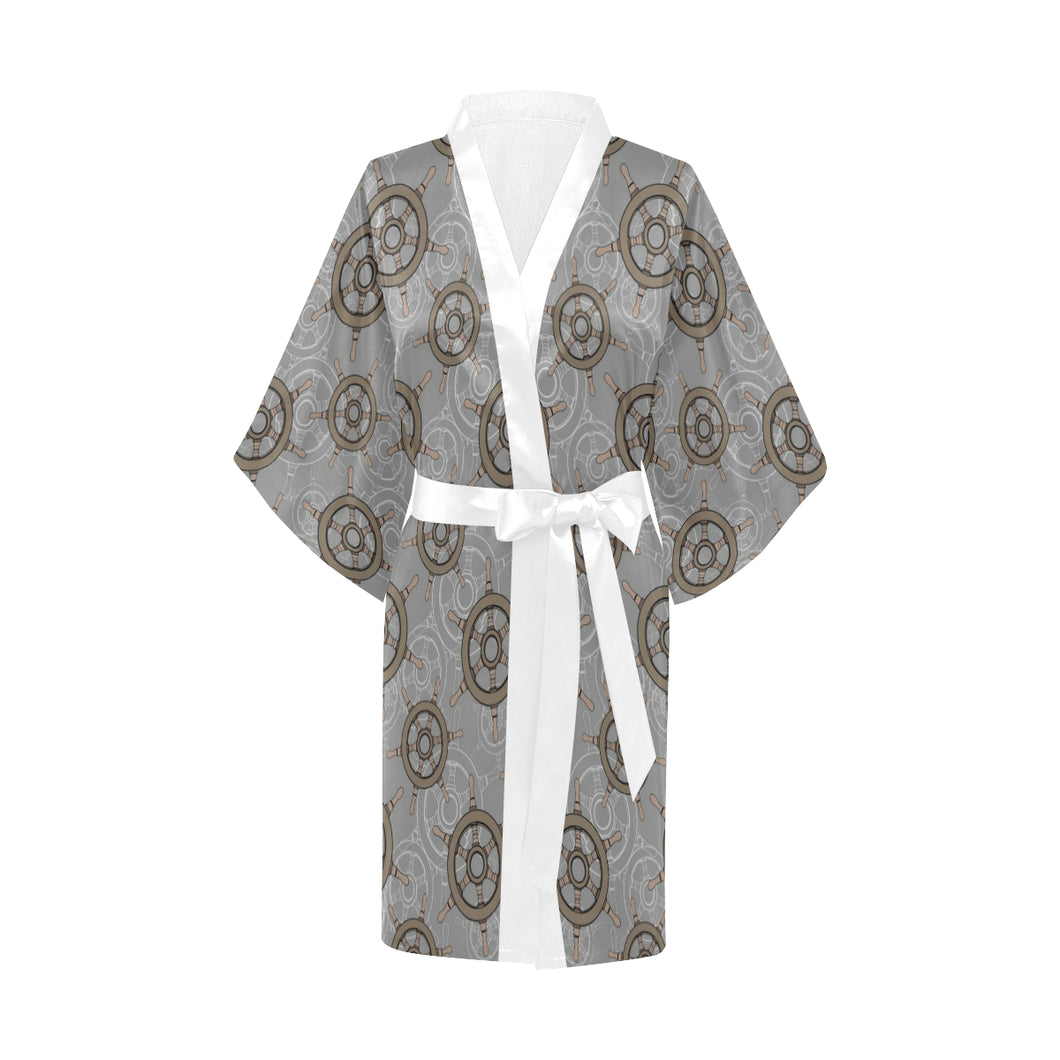 nautical wood steering wheel pattern Women's Short Kimono Robe
