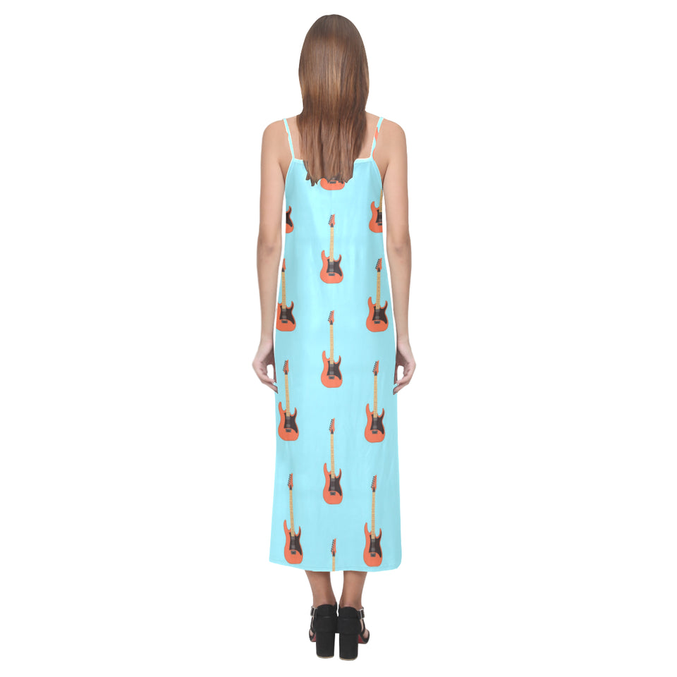 electric guitar pattern light blue background V-Neck Open Fork Long Dress