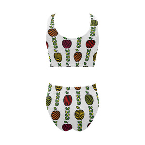 colorful apples leave zebra stripe Chest Bowknot High Waisted Bikini Swimsuit