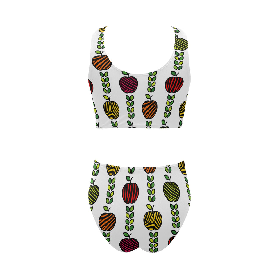 colorful apples leave zebra stripe Chest Bowknot High Waisted Bikini Swimsuit