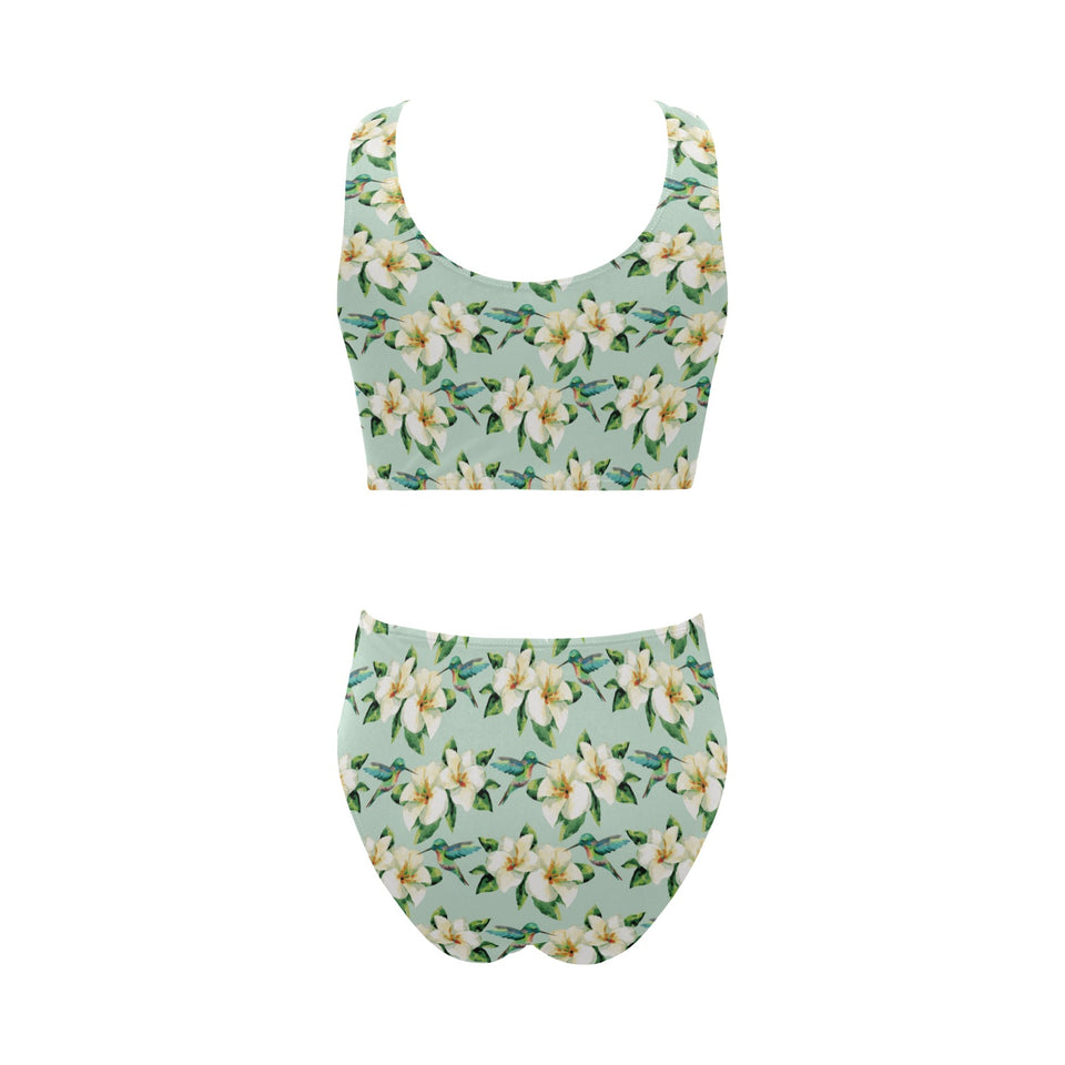 Hummingbird Pattern Print Design 01 Chest Bowknot High Waisted Bikini Swimsuit