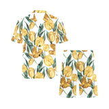 yellow tulips pattern Men's V-Neck Short Pajama Set