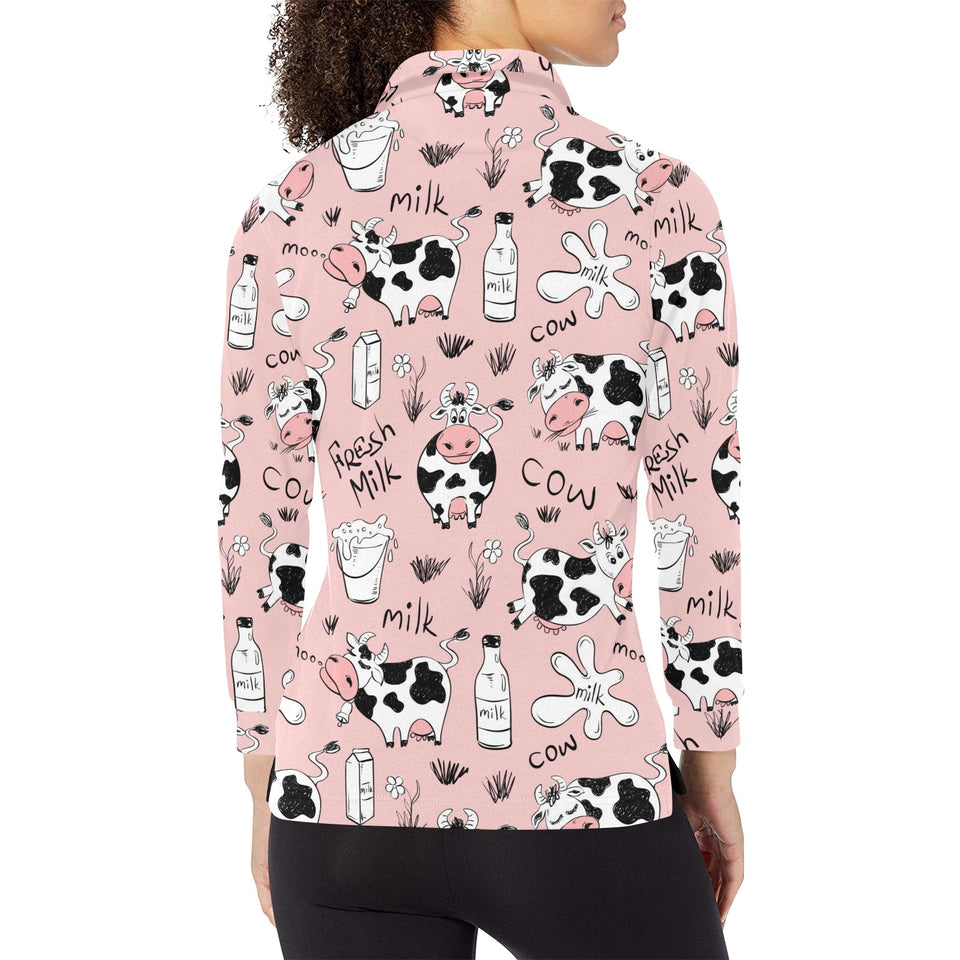 Cows milk product pink background Women's Long Sleeve Polo Shirt