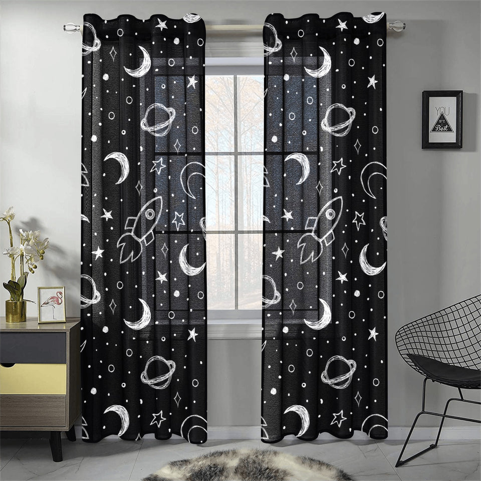 Hand drawn space rocket star planet Gauze Curtain