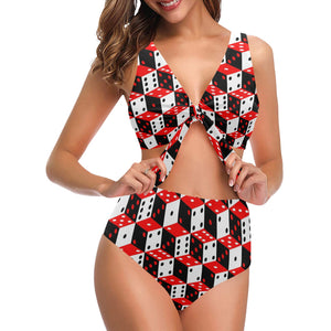 Dice Pattern Print Design 02 Chest Bowknot High Waisted Bikini Swimsuit