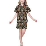 Skull rose humming bird flower pattern Kids' Boys' Girls' V-Neck Short Pajama Set