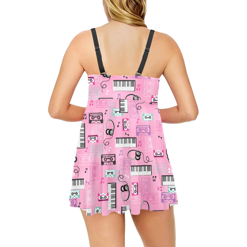 Piano Pattern Print Design 01 Chest Sexy Pleated Two Piece Swim Dress