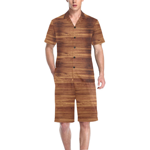 Wood Printed Pattern Print Design 04 Men's V-Neck Short Pajama Set